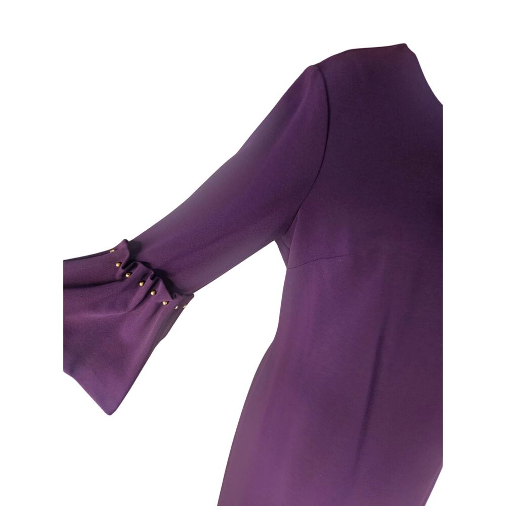 Donna Karen Plum Midi Dress Gold Hardware 3/4 Ruffled Sleeve Beaded Sz 10 - Picture 3 of 9